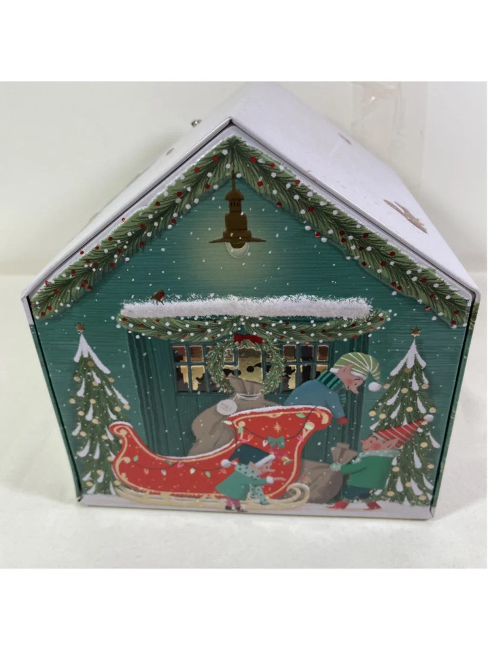 M&S Empty Musical Light Up Animated Christmas Metal Tin House Santa's Workshop